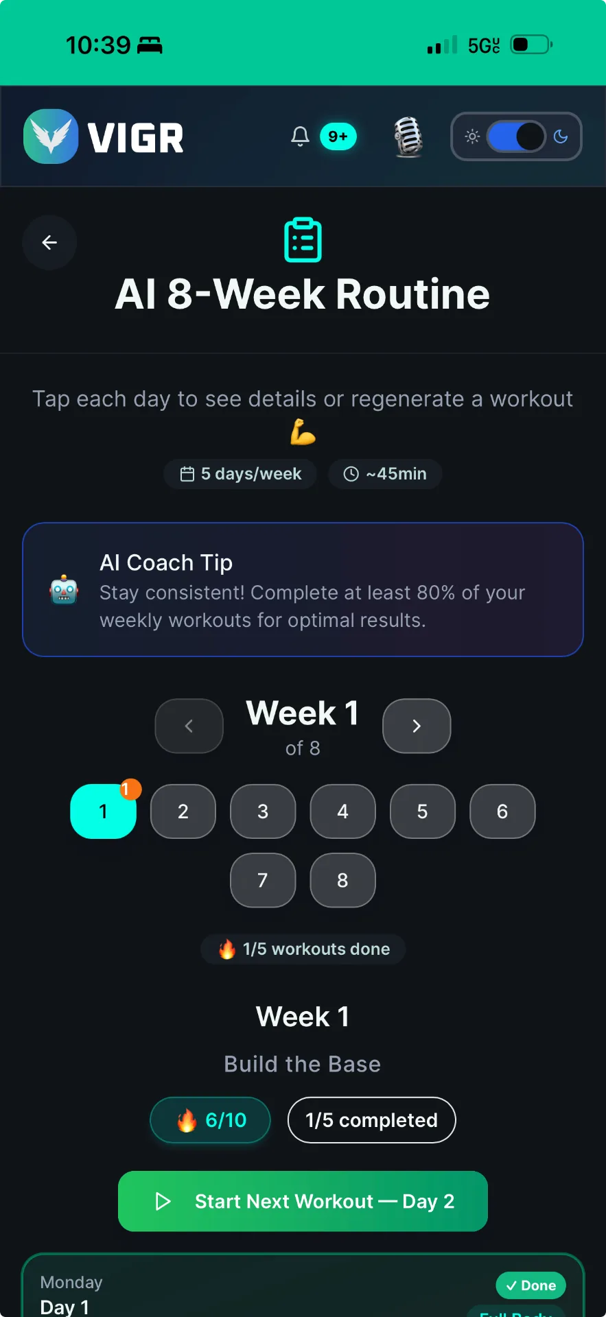 VIGR AI 8-week routine plan with weekly progress and readiness tracking