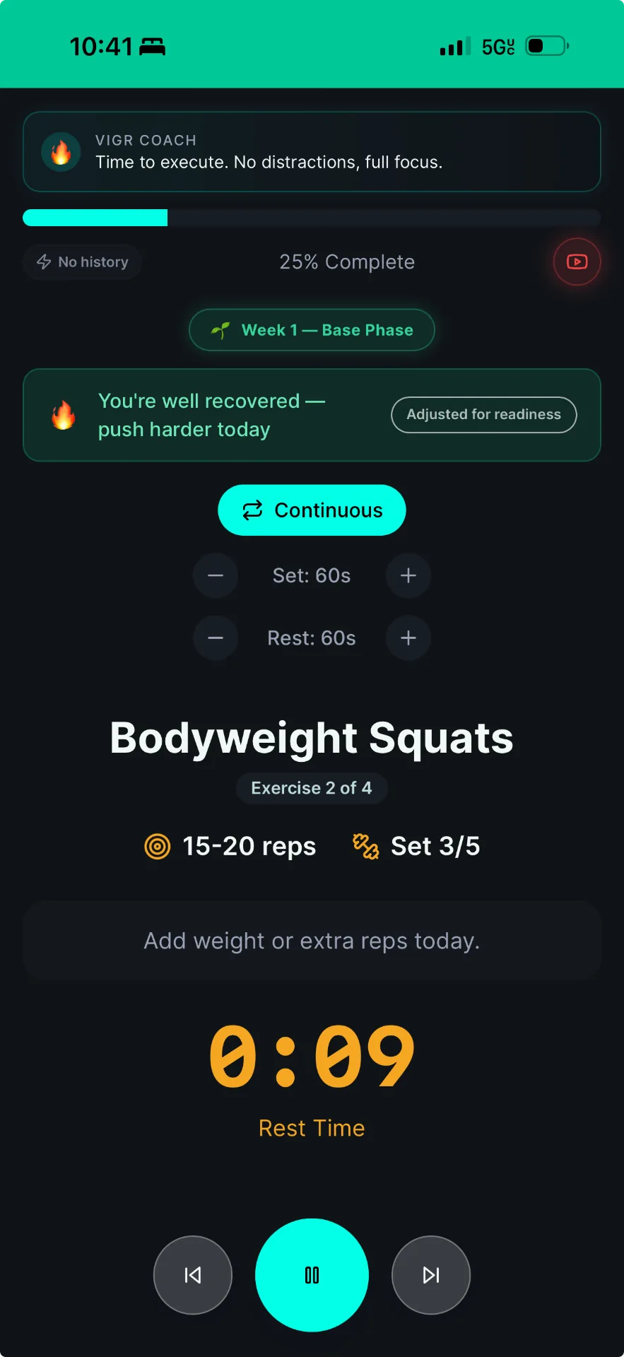 VIGR live workout player — guided sets, rest timer, and readiness coaching