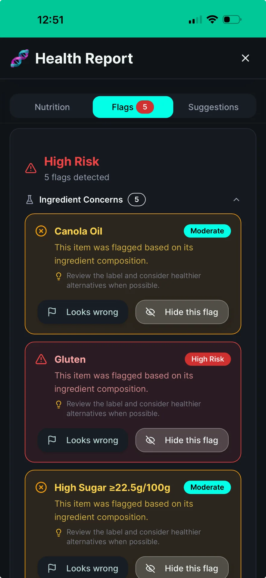 Health Scan flags — Canola Oil, Gluten and High Sugar shown with clear severity badges