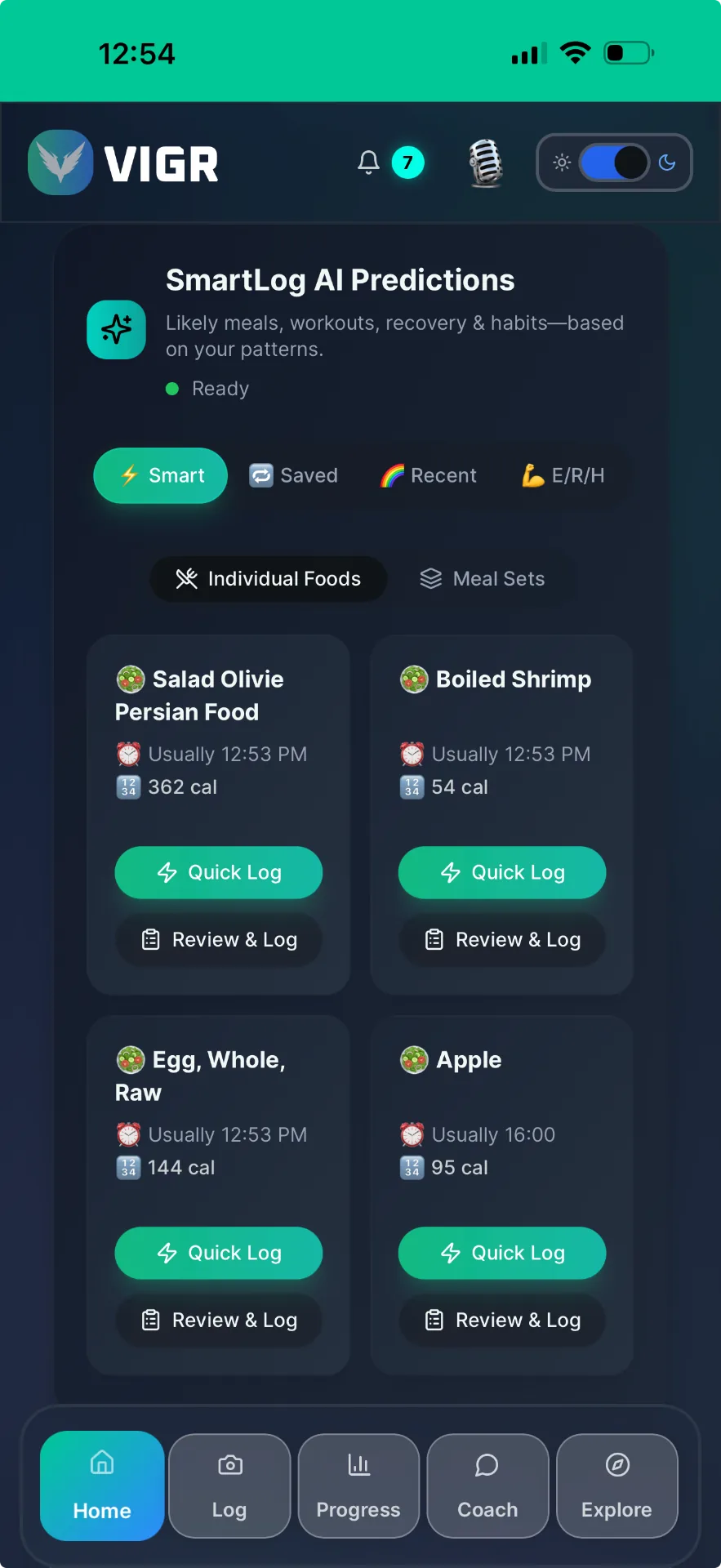 SmartLog AI predictions — likely meals, workouts, recovery and habits ready to one-tap log