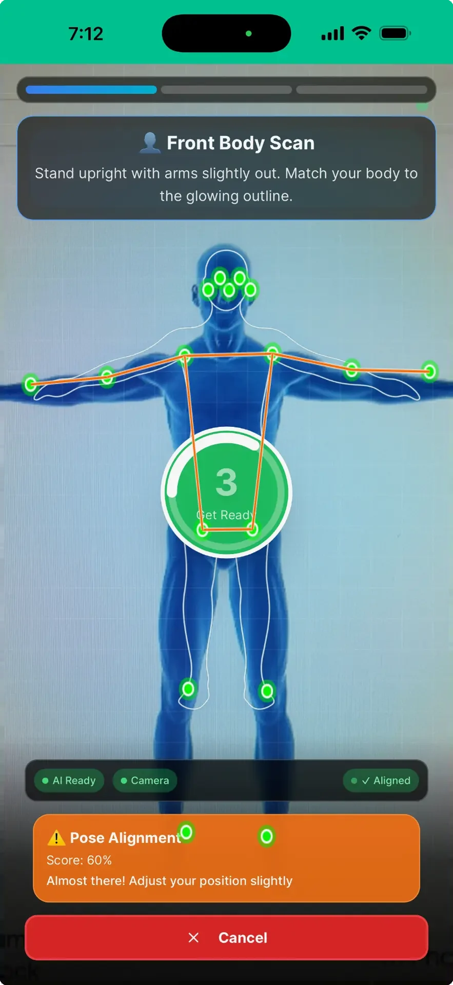 VIGR front body scan capture — pose alignment guidance with a get-ready countdown