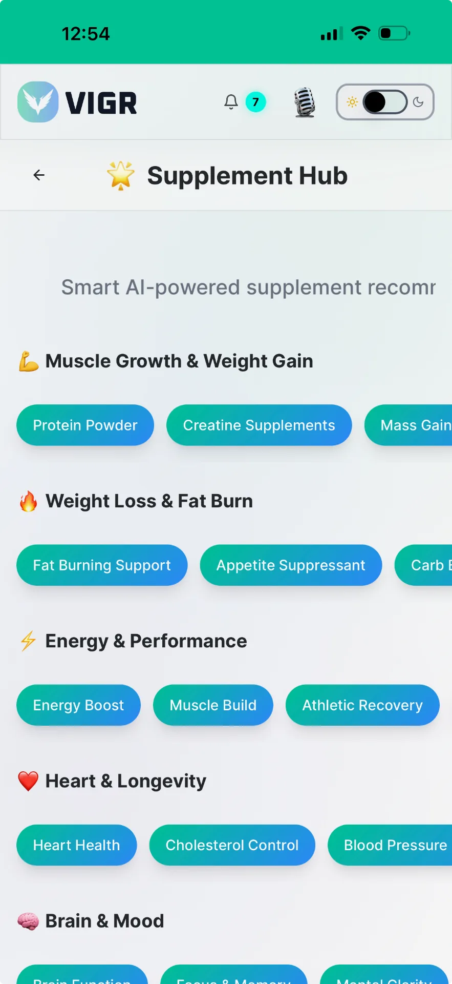 VIGR Supplement Hub — personalized AI-powered recommendations with dose, timing and interactions