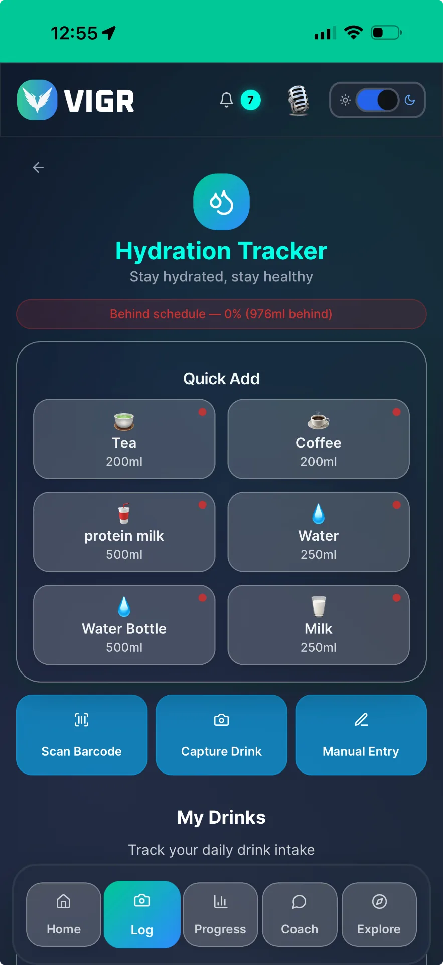 Hydration Tracker with Quick Add tiles for water, tea, coffee and milk