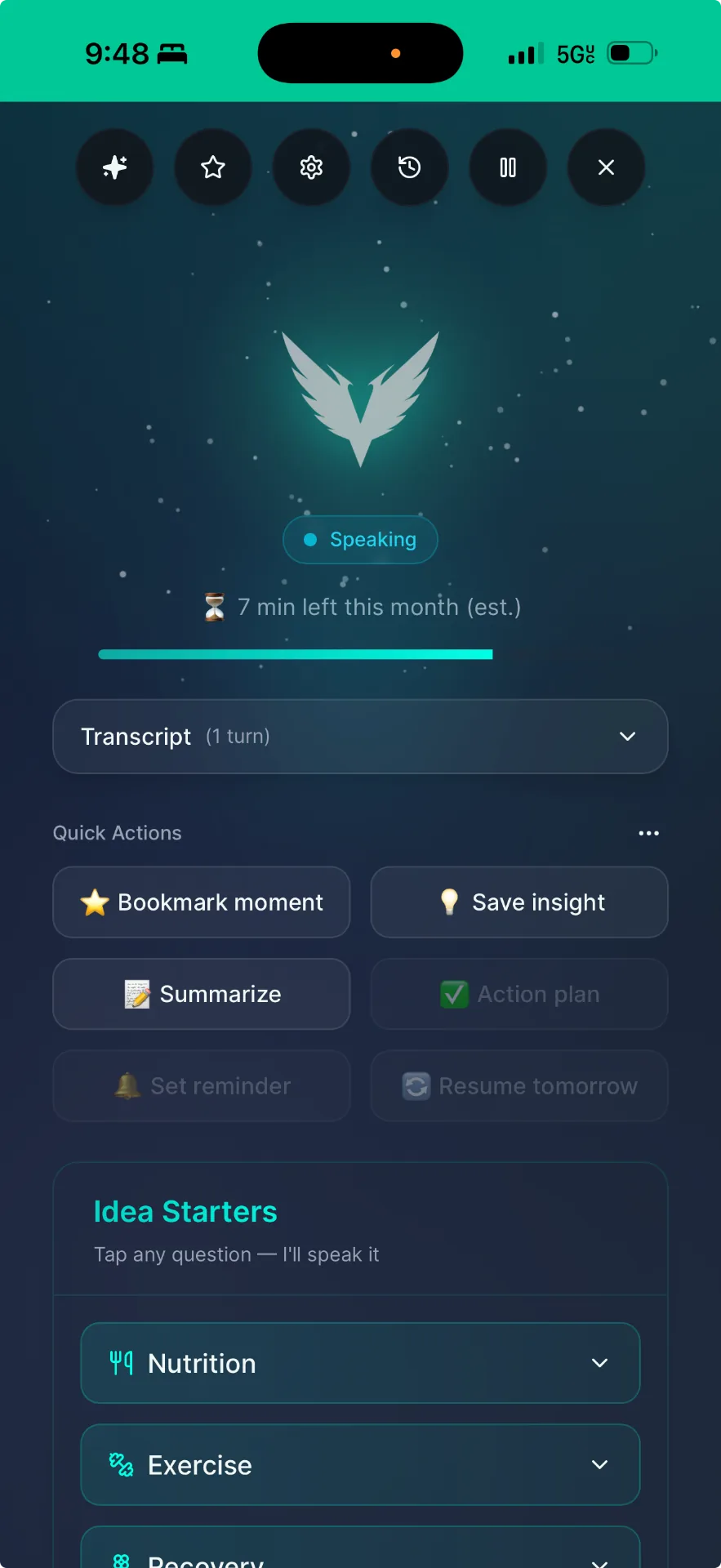 VIGR voice coach speaking, with quick actions and idea starters