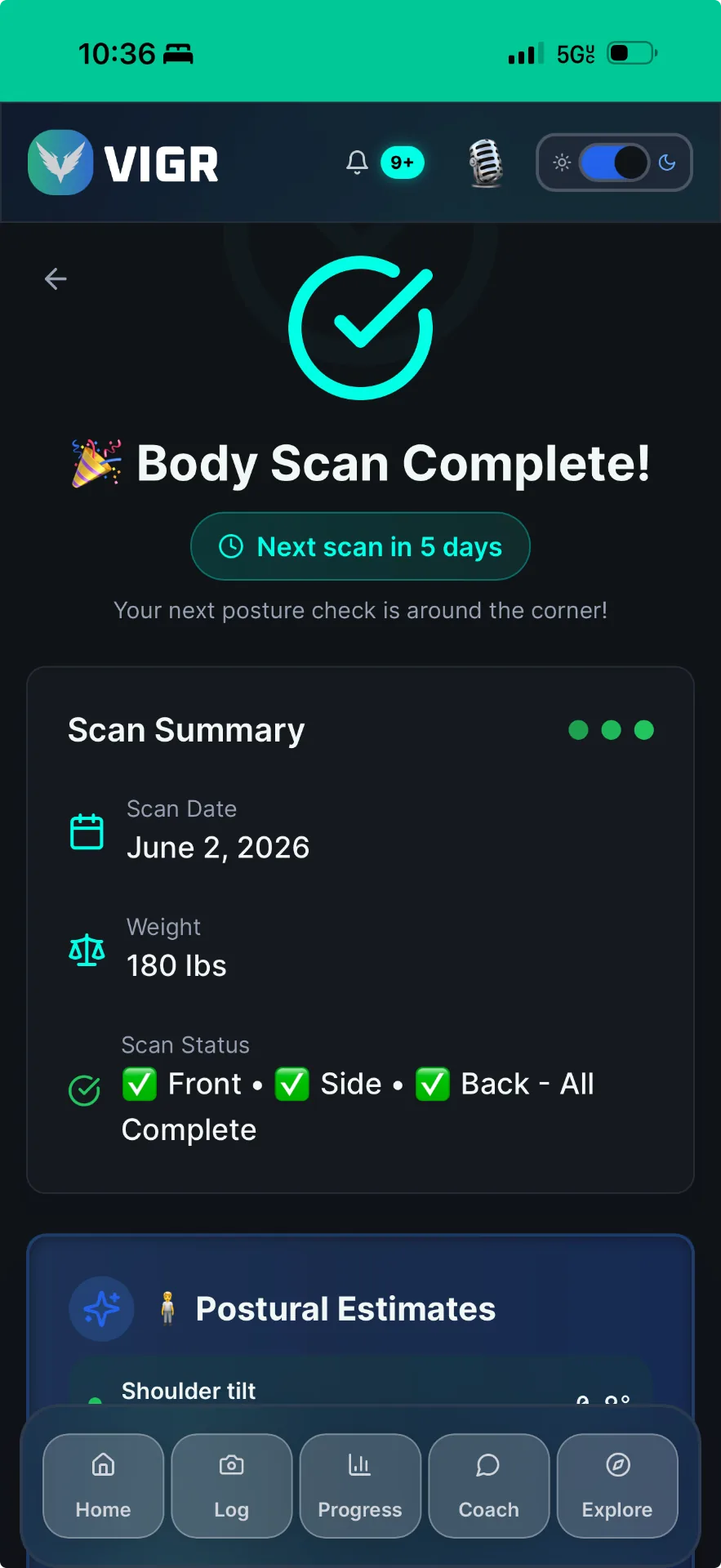 VIGR Body Scan Complete summary with date, weight and scan status