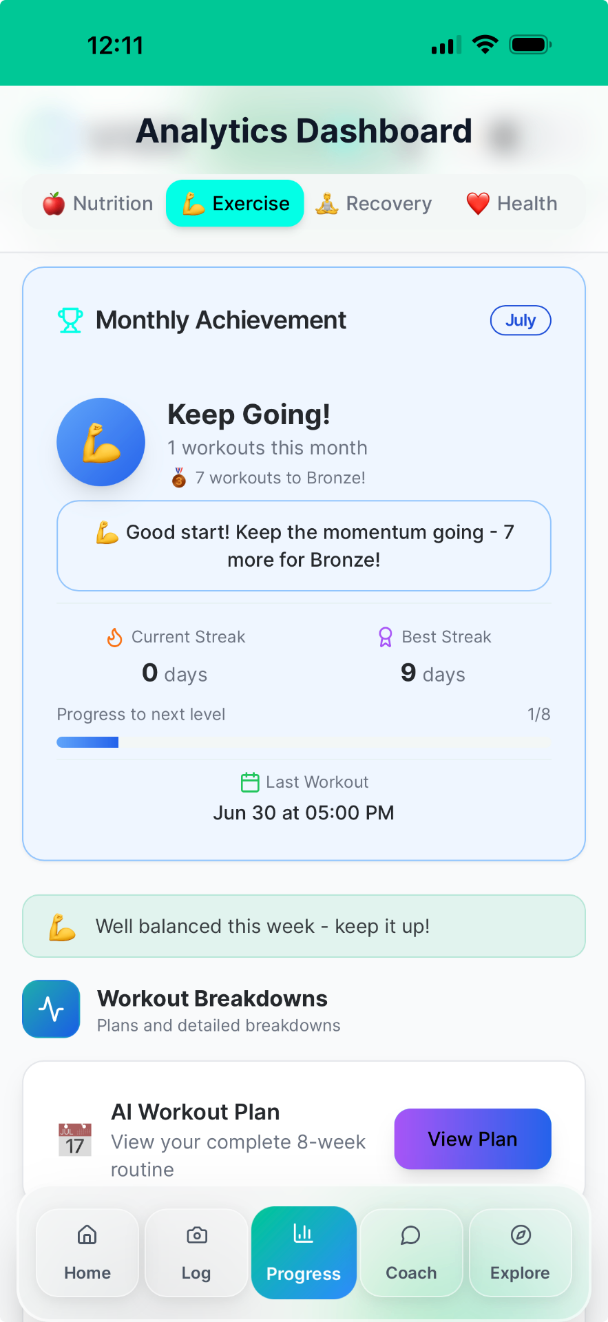 Exercise analytics — monthly achievement
