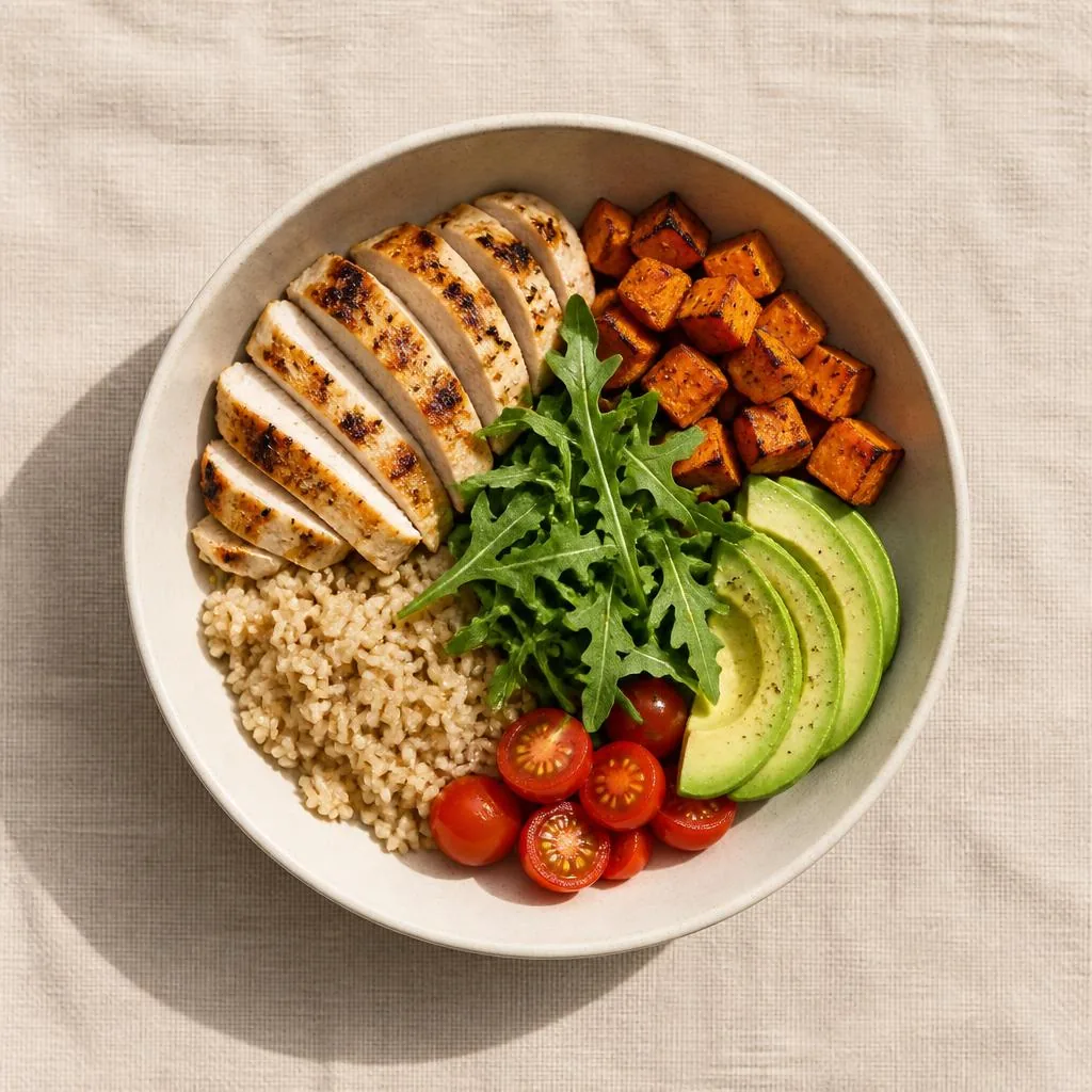 Grilled chicken bowl with brown rice, sweet potato, avocado, arugula, and cherry tomatoes