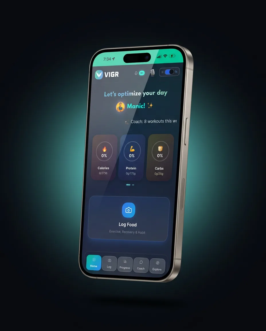 VIGR iOS app — dark mode home screen
