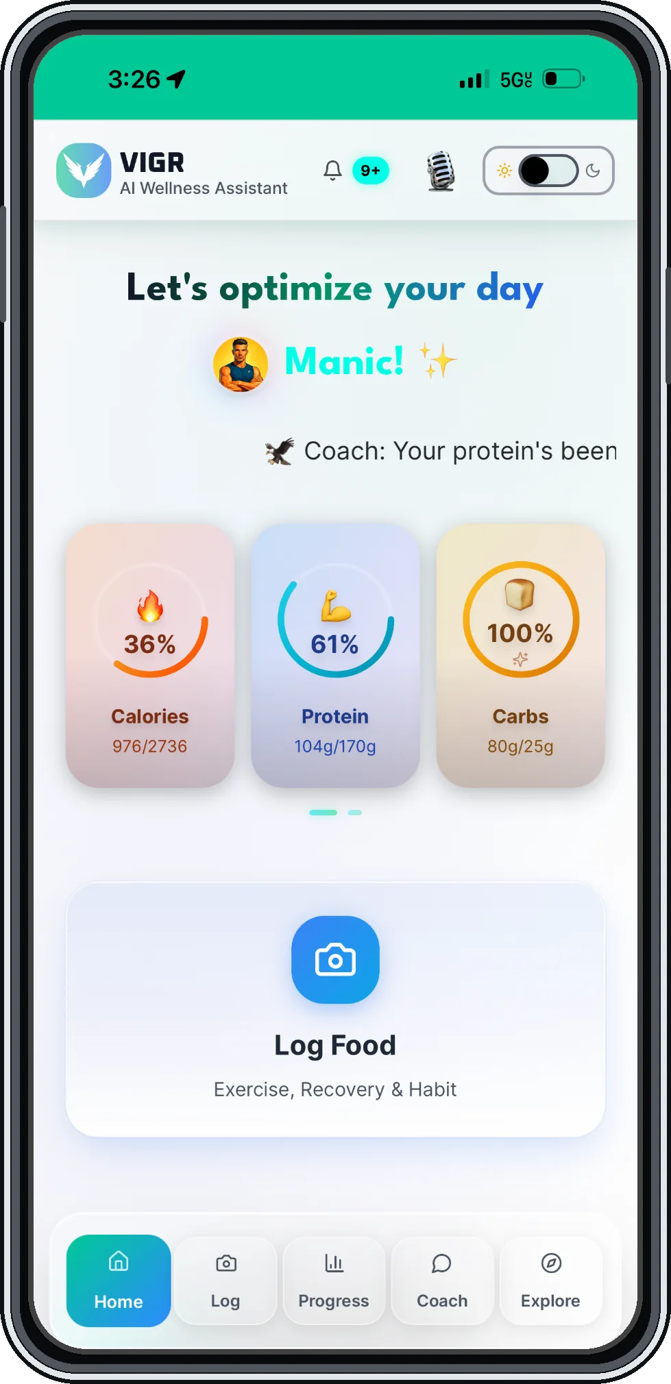 VIGR iOS app — light mode home screen